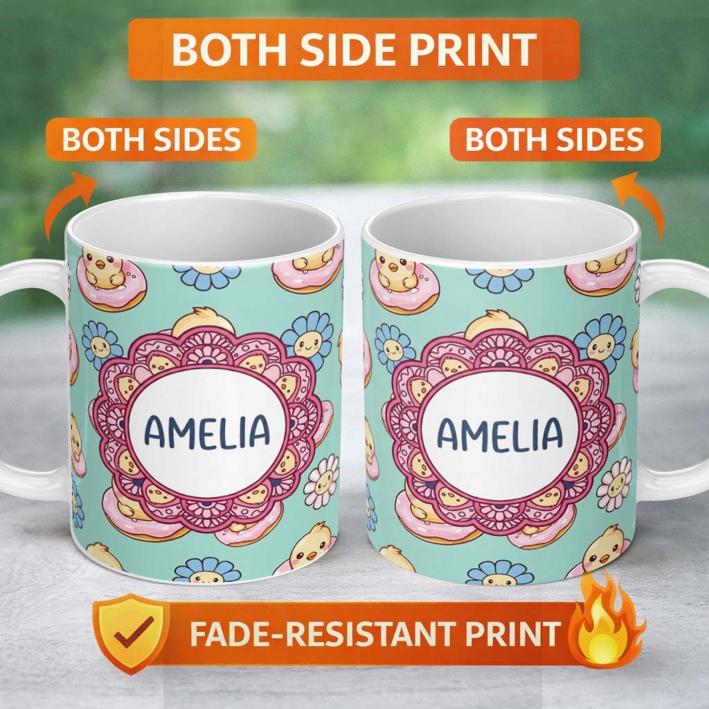 Personalized Custom Name Cute Baby Chick Donut Flowers Seamless Pattern Mint Background 11oz Ceramic Coffee Tea Mug White Large Handle