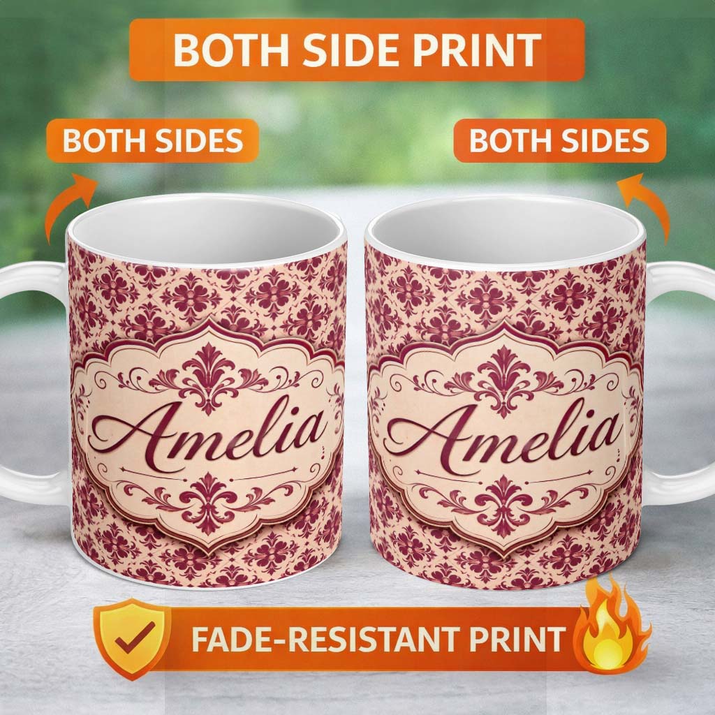 Personalized Custom Name Classic Red Ornamental Damask Seamless Pattern Stylish Everyday Mug 11oz Ceramic Coffee Tea Mug White Large Handle