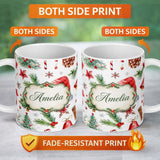 Personalized Custom Name Festive Pine Cone Candy Cane Snowflake Christmas Seamless Pattern 11oz Ceramic Coffee Tea Mug White Large Handle