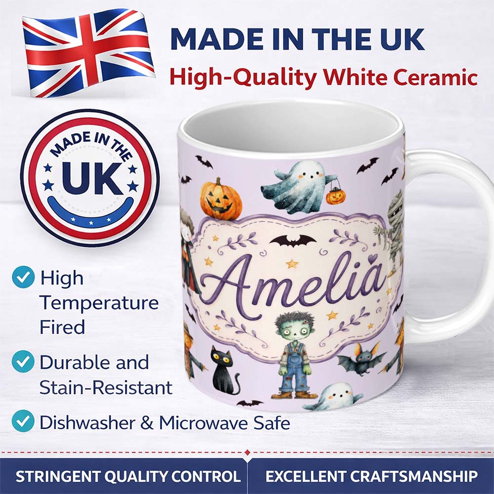 Personalized Custom Name Halloween Zombie Mummy Vampire Bat Spooky Lilac Seamless Pattern 11oz Ceramic Coffee Tea Mug White Large Handle