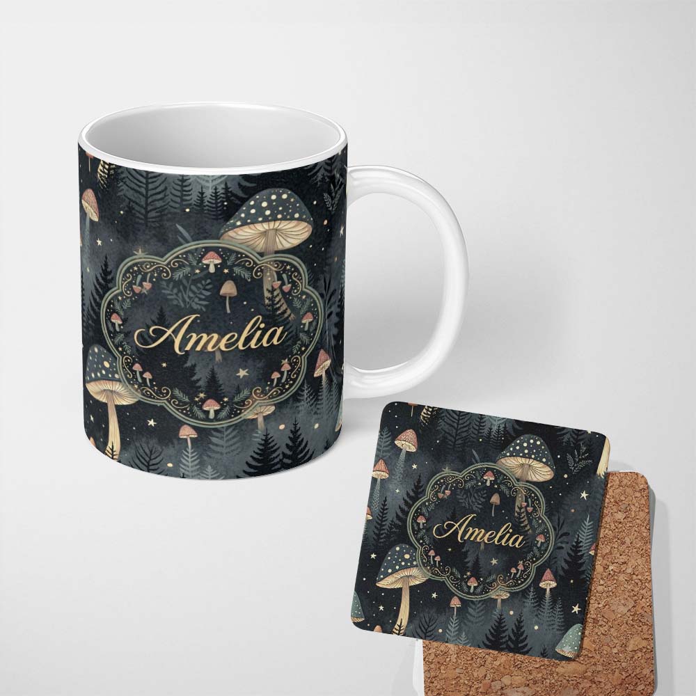 Personalized Custom Name Magical Floral Moon Golden Berries Night Seamless Pattern Lovely 11oz Ceramic Coffee Tea Mug White Large Handle