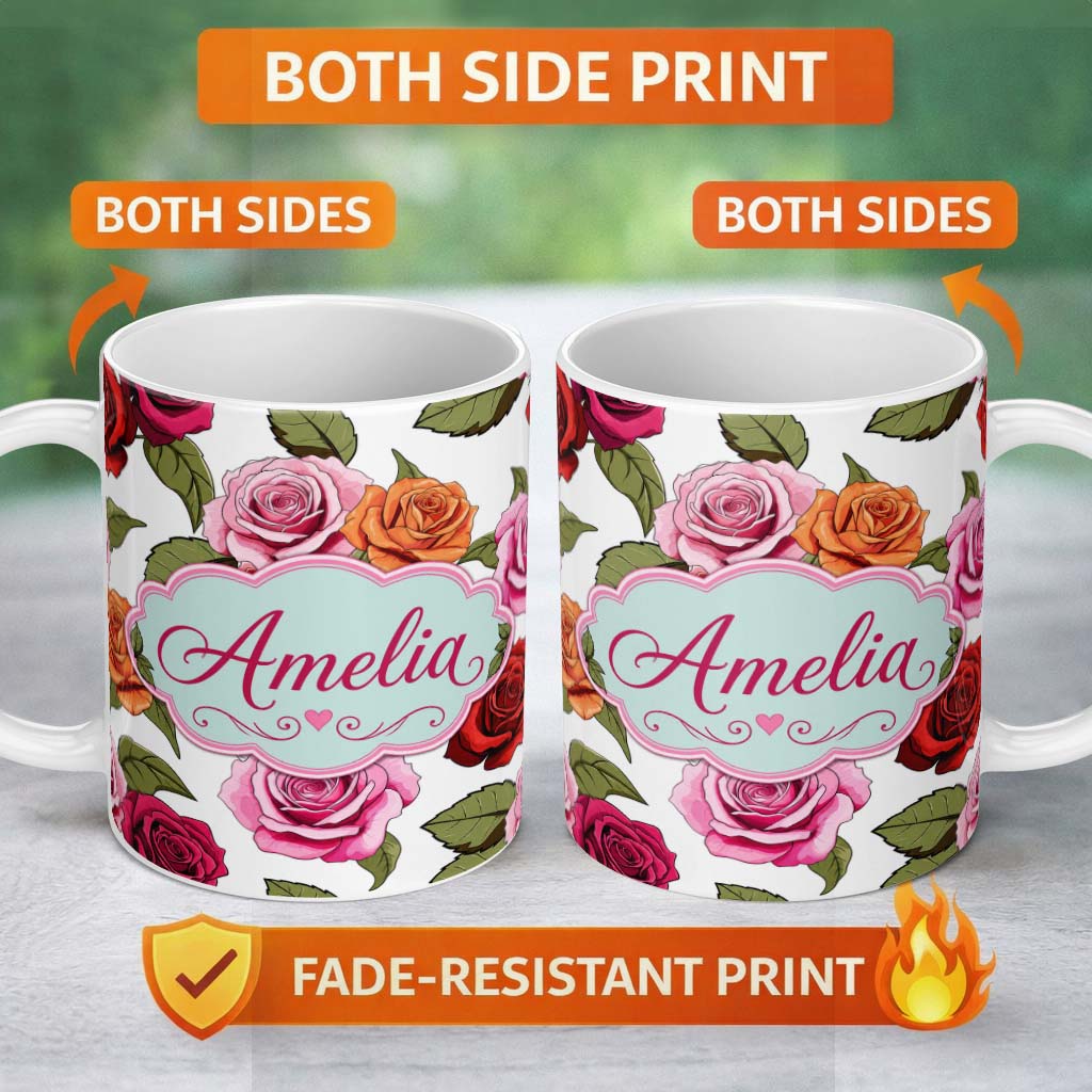 Personalized Custom Name Colorful Roses on Light Grey Background Seamless Floral Pattern 11oz Ceramic Coffee Tea Mug White Large Handle