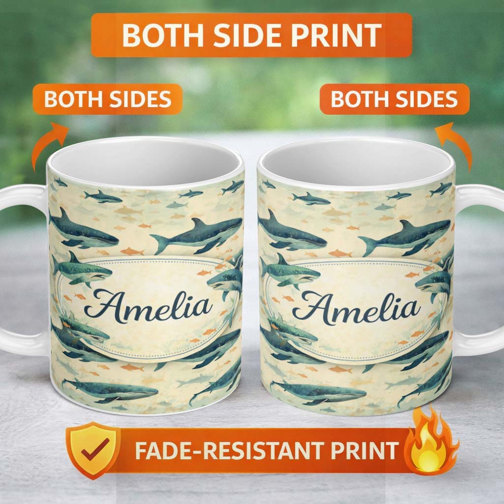 Personalized Custom Name Beige Ocean Whale Seamless Pattern Soft Marine Animal Illustration 11oz Ceramic Coffee Tea Mug White Large Handle