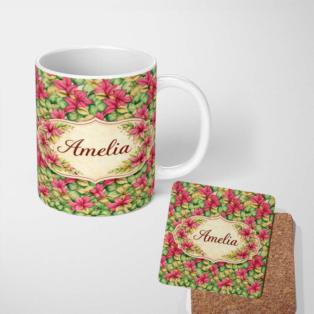 Personalized Custom Name Soft Pink Green Botanical Leaves Seamless Pattern Cute Unique Gift 11oz Ceramic Coffee Tea Mug White Large Handle