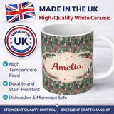 Personalized Custom Name Abstract Watercolor Christmas Trees Green Artistic Seamless Pattern 11oz Ceramic Coffee Tea Mug White Large Handle