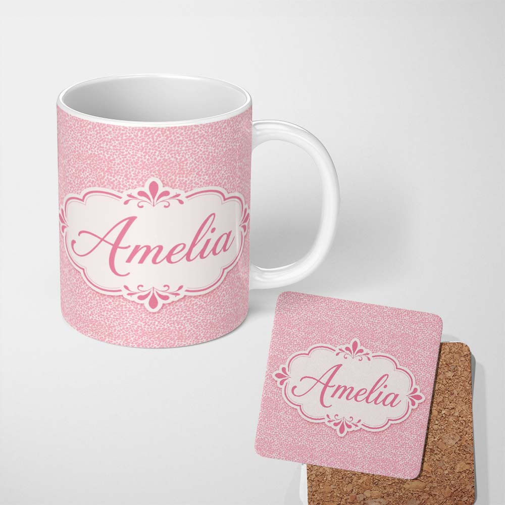 Personalized Custom Name Pastel Pink Watercolour Animal Print Soft Blended Seamless Pattern 11oz Ceramic Coffee Tea Mug White Large Handle