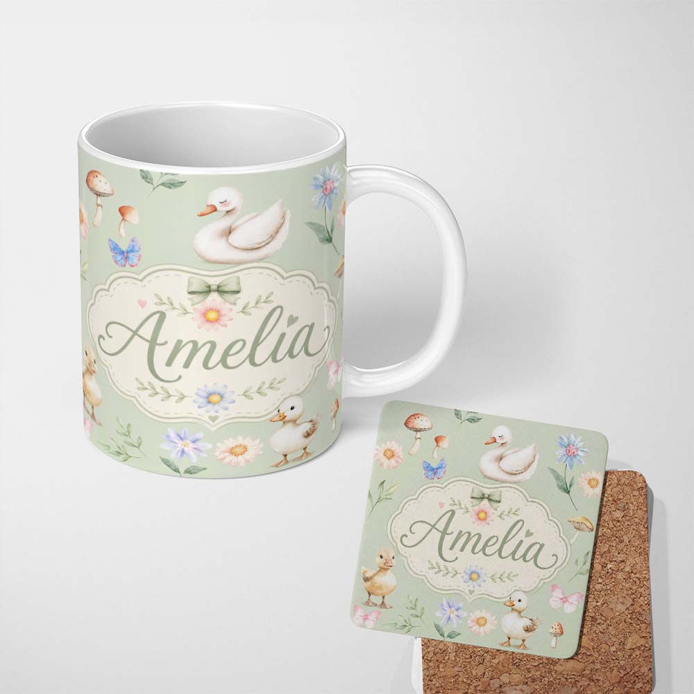 Personalized Custom Name Swan and Ducklings with Flowers Mushrooms Soft Sage Seamless 11oz Ceramic Coffee Tea Mug White Large Handle