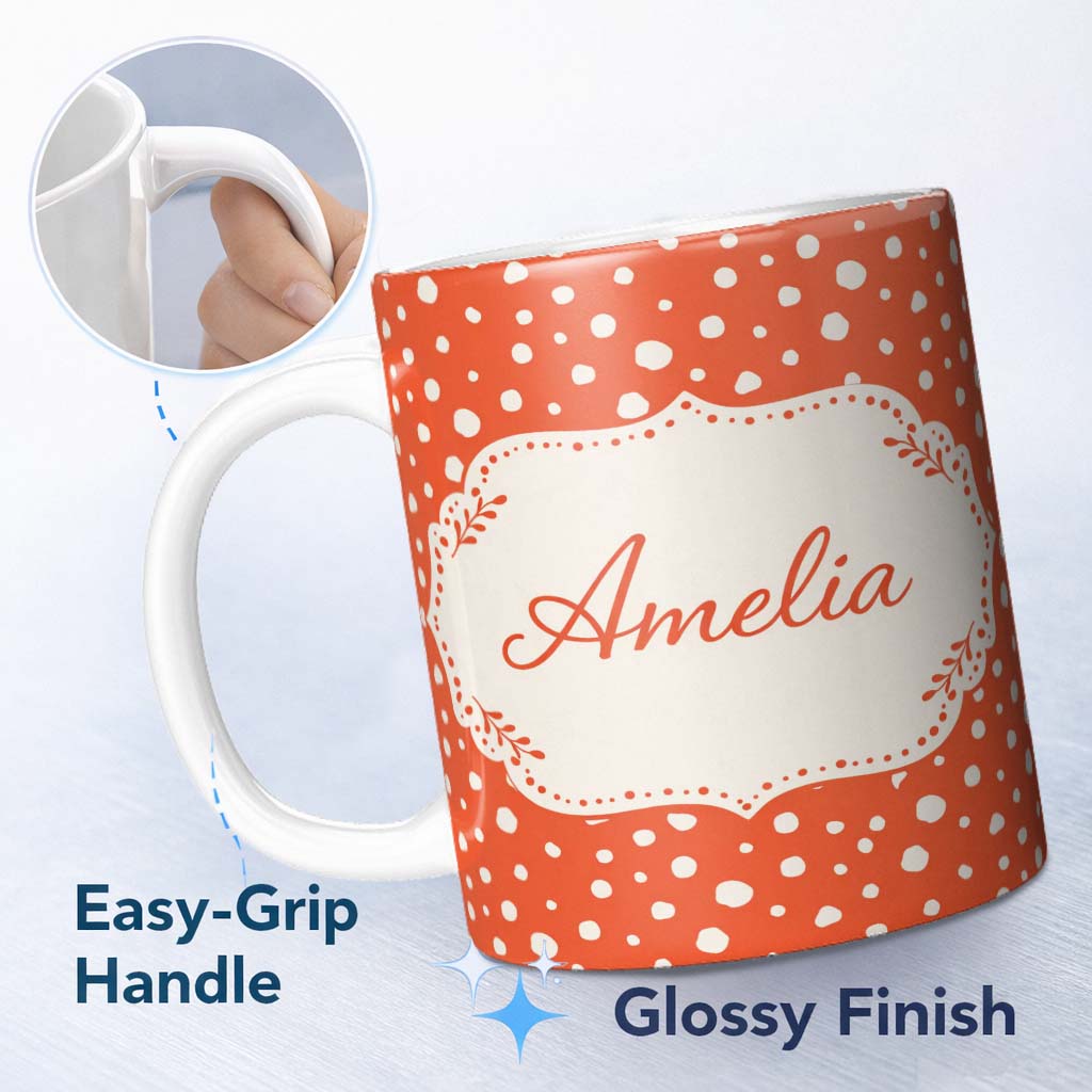 Personalized Custom Name White Polka Dot Pattern Orange Background Seamless Cute Unique Gift 11oz Ceramic Coffee Tea Mug White Large Handle