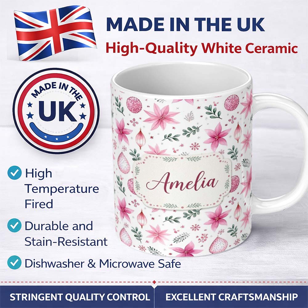 Personalized Custom Name Soft Pink Floral Christmas Elements Ornaments Seamless Pattern 11oz Ceramic Coffee Tea Mug White Large Handle