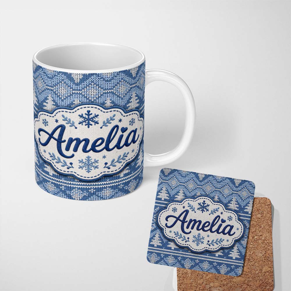 Personalized Custom Name Cute Blue Knitted Winter Heart Snowflake Nordic Seamless Pattern 11oz Ceramic Coffee Tea Mug White Large Handle