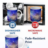 Personalized Custom Name Blue Snowflake Bokeh Winter Seamless Pattern Design Soft Glow Lovely 11oz Ceramic Coffee Tea Mug White Large Handle