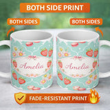 Personalized Custom Name Strawberry Cherry Daisy Seamless Pattern Teal Cute Coquette Floral 11oz Ceramic Coffee Tea Mug White Large Handle