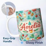 Personalized Custom Name Watercolor Christmas Tree Strawberry Ornament Seamless Pattern 11oz Ceramic Coffee Tea Mug White Large Handle