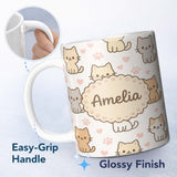 Personalized Custom Name Cute Kitten Hearts Cartoon Animal Pattern Charming Kitchen Decor 11oz Ceramic Coffee Tea Mug White Large Handle