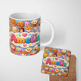 Personalized Custom Name Kawaii Fast Food Burger Sushi Taco Pizza Blue Seamless Pattern Name 11oz Ceramic Coffee Tea Mug White Large Handle