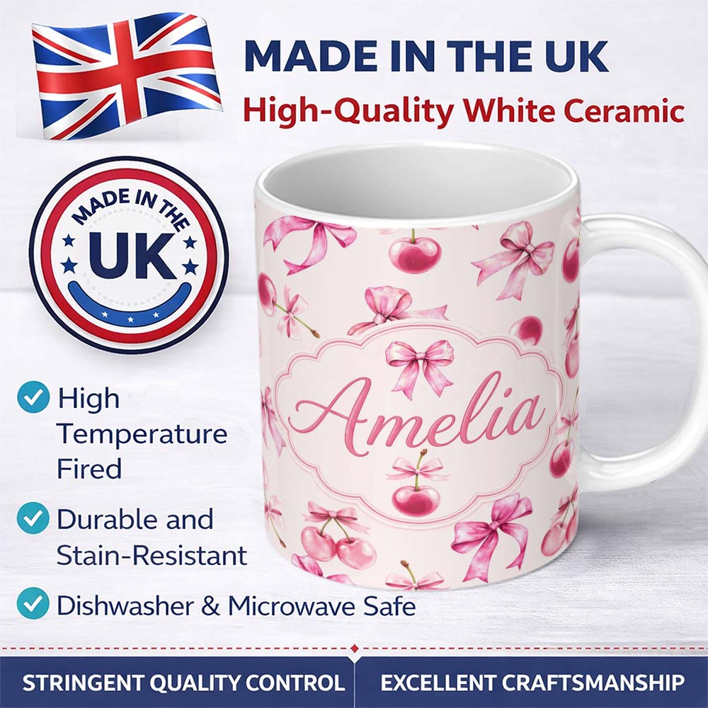 Personalized Custom Name Watercolor Pink Cherry Ribbon Bow Seamless Pattern Blush Neutral 11oz Ceramic Coffee Tea Mug White Large Handle