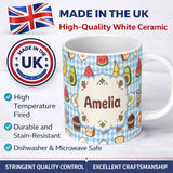 Personalized Custom Name Cute Kawaii Food Collage Pattern Sweet Treats And Drinks Lovely 11oz Ceramic Coffee Tea Mug White Large Handle