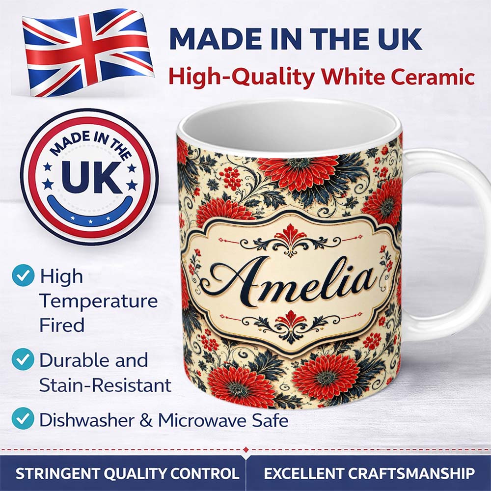 Personalized Custom Name Red Floral Vintage Garden Seamless Pattern Stylish Everyday Mug 11oz Ceramic Coffee Tea Mug White Large Handle