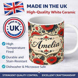 Personalized Custom Name Red Floral Vintage Garden Seamless Pattern Stylish Everyday Mug 11oz Ceramic Coffee Tea Mug White Large Handle