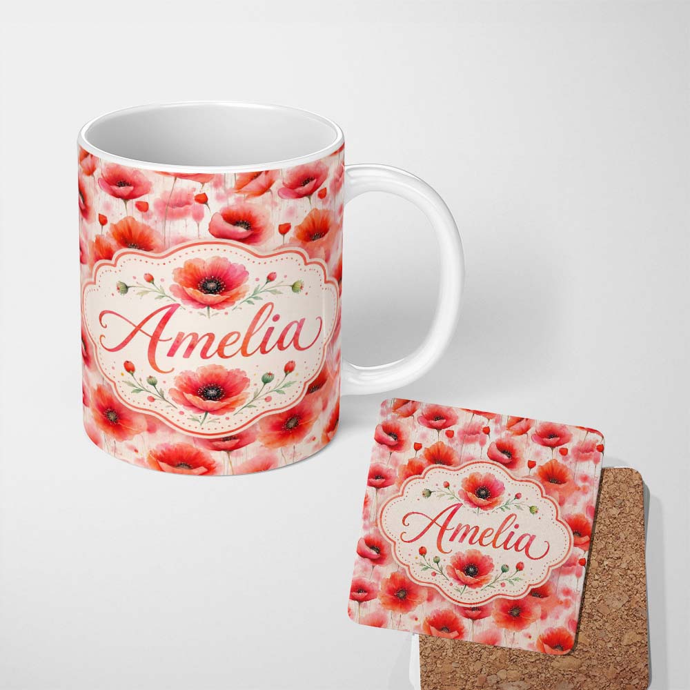 Personalized Custom Name Light Pastel Poppy Flowers Soft Artistic Seamless Pattern Lovely 11oz Ceramic Coffee Tea Mug White Large Handle