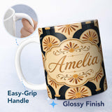 Personalized Custom Name Sunburst Arch Art Deco Vintage Seamless Pattern Perfect Gift for Her 11oz Ceramic Coffee Tea Mug White Large Handle
