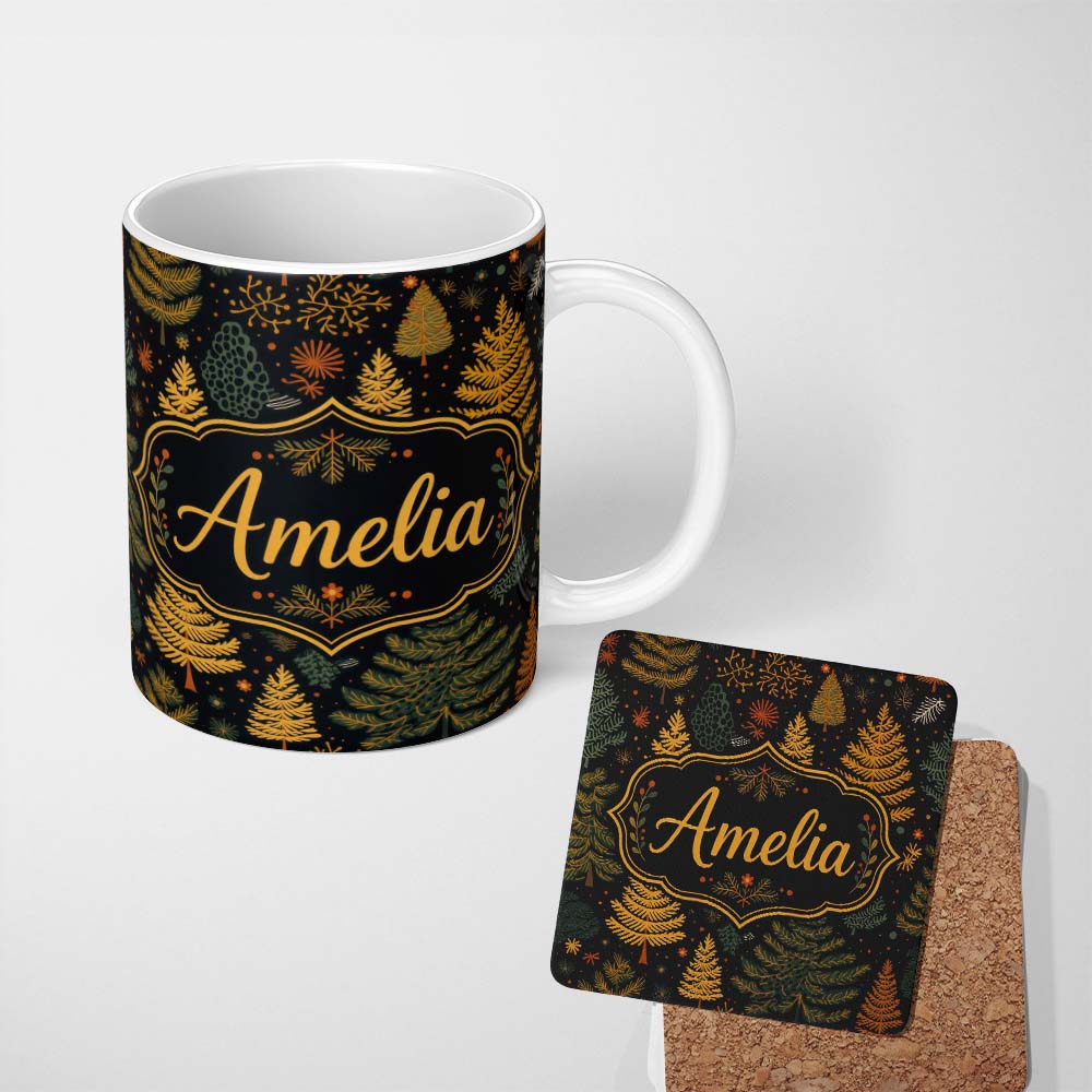 Personalized Custom Name Modern Scandinavian Winter Trees in Gold and Dark Background Lovely 11oz Ceramic Coffee Tea Mug White Large Handle