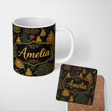 Personalized Custom Name Modern Scandinavian Winter Trees in Gold and Dark Background Lovely 11oz Ceramic Coffee Tea Mug White Large Handle