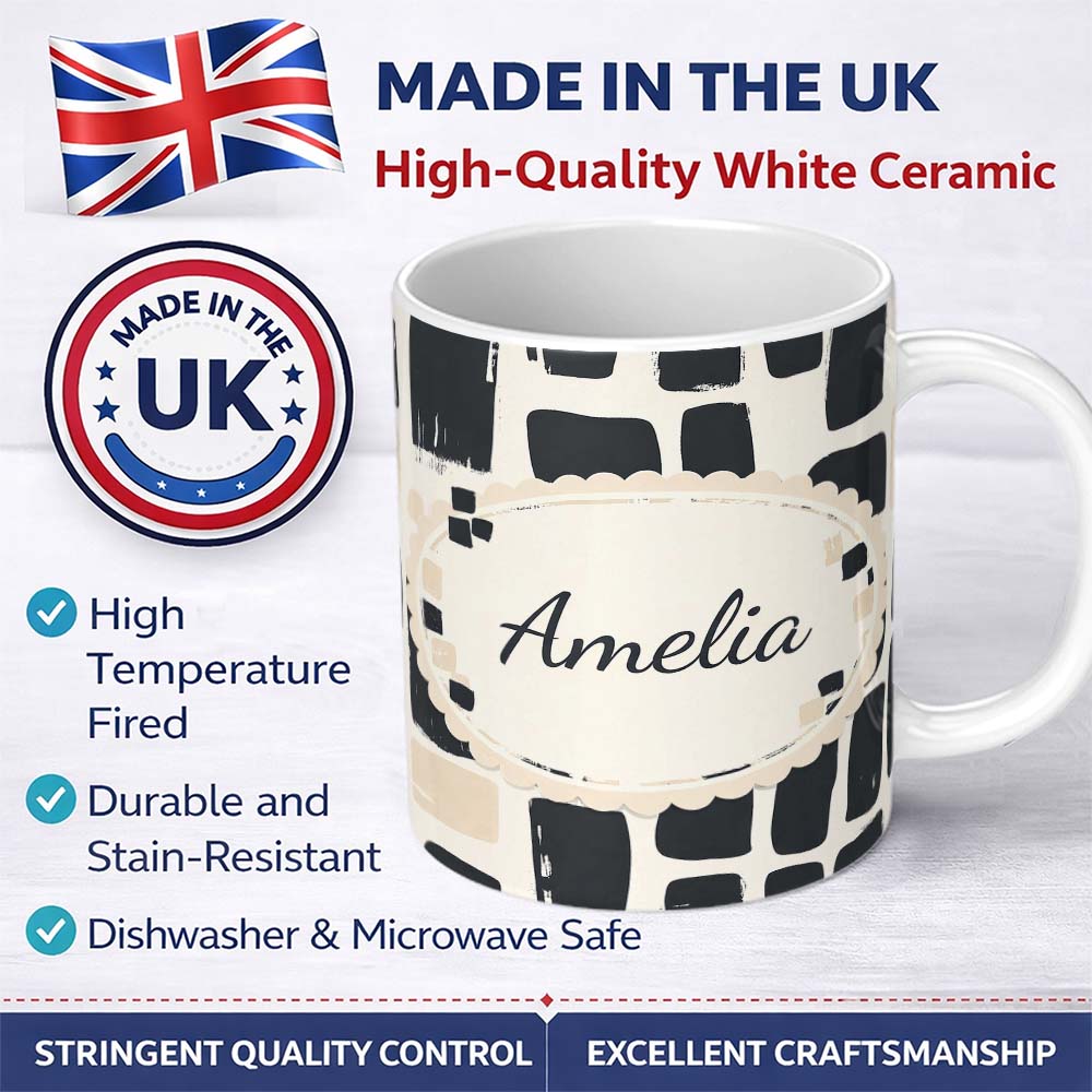 Personalized Custom Name Painterly Block Shapes Black Beige Modern Abstract Pattern Lovely 11oz Ceramic Coffee Tea Mug White Large Handle