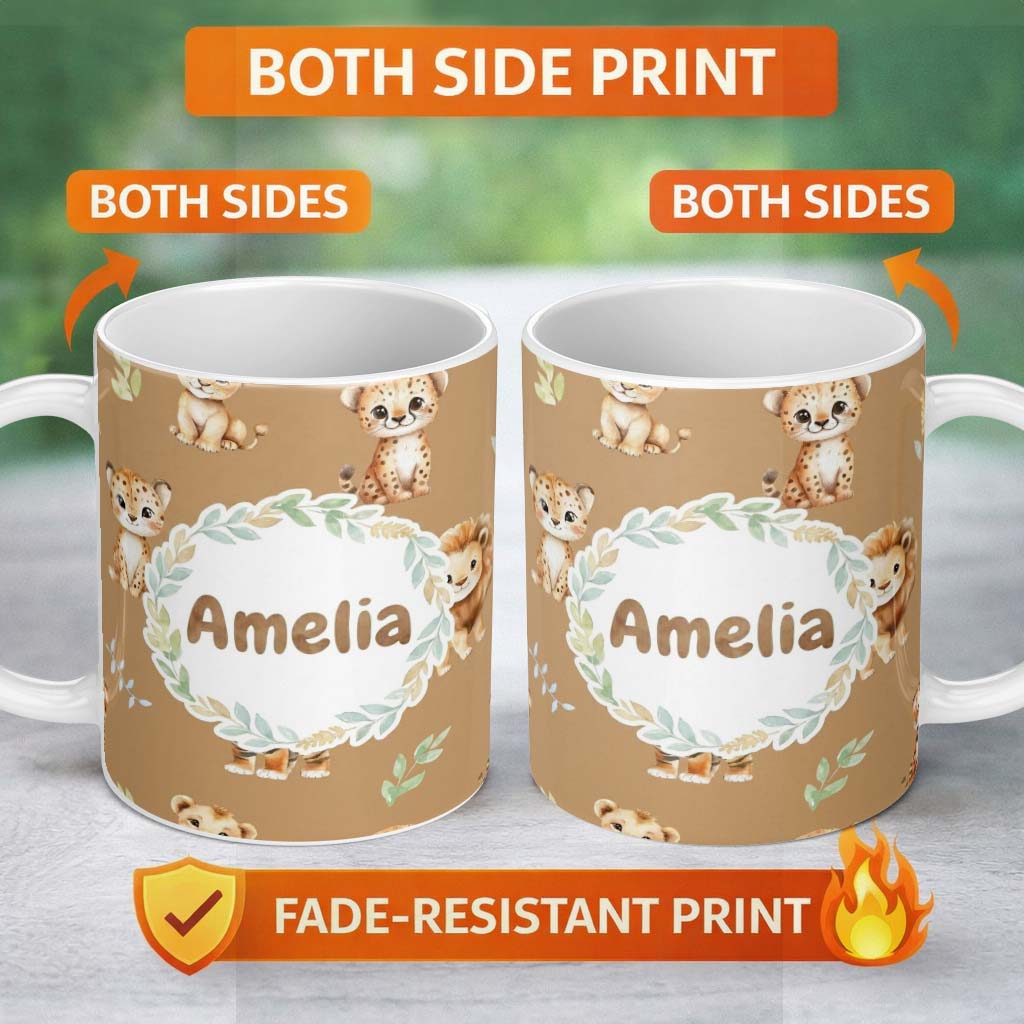 Personalized Custom Name Cute Baby Jungle Animals with Leaves on Warm Tan Background Seamless 11oz Ceramic Coffee Tea Mug White Large Handle