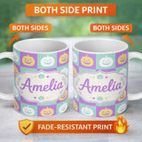 Personalized Custom Name Pastel Pumpkin Checkerboard Soft Halloween Seamless Pattern UK Name 11oz Ceramic Coffee Tea Mug White Large Handle