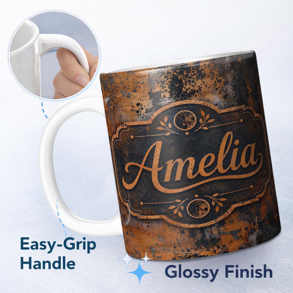 Personalized Custom Name Abstract Rust and Paint Splatter Grunge Seamless Pattern Textured 11oz Ceramic Coffee Tea Mug White Large Handle