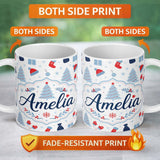 Personalized Custom Name Christmas Gifts Stockings Mittens and Trees Seamless Festive Holiday 11oz Ceramic Coffee Tea Mug White Large Handle
