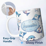 Personalized Custom Name Cute Dolphin Stingray Starfish Ocean Sea Life Light Grey Background 11oz Ceramic Coffee Tea Mug White Large Handle