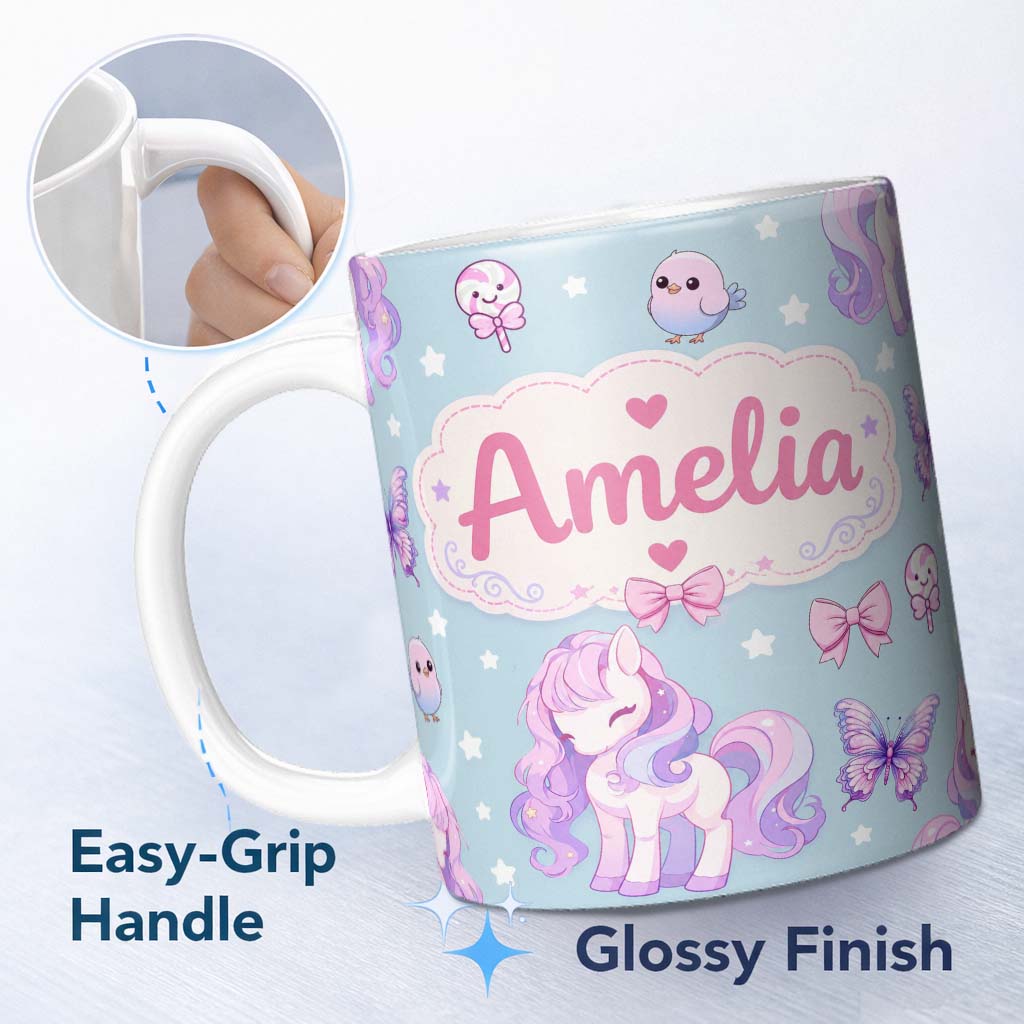 Custom Name Cute Pastel Unicorn Butterfly Candy Stars Blue Background Seamless 11oz Ceramic Coffee Tea Mug White Large Handle
