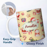 Personalized Custom Name Cute Santa Claus Mrs Claus Snowman Christmas Gift Candy Cane Yellow 11oz Ceramic Coffee Tea Mug White Large Handle