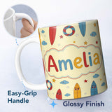Personalized Custom Name Cute Surfboards Lifebuoys Clouds and Stars Fun Summer Beach Seamless 11oz Ceramic Coffee Tea Mug White Large Handle