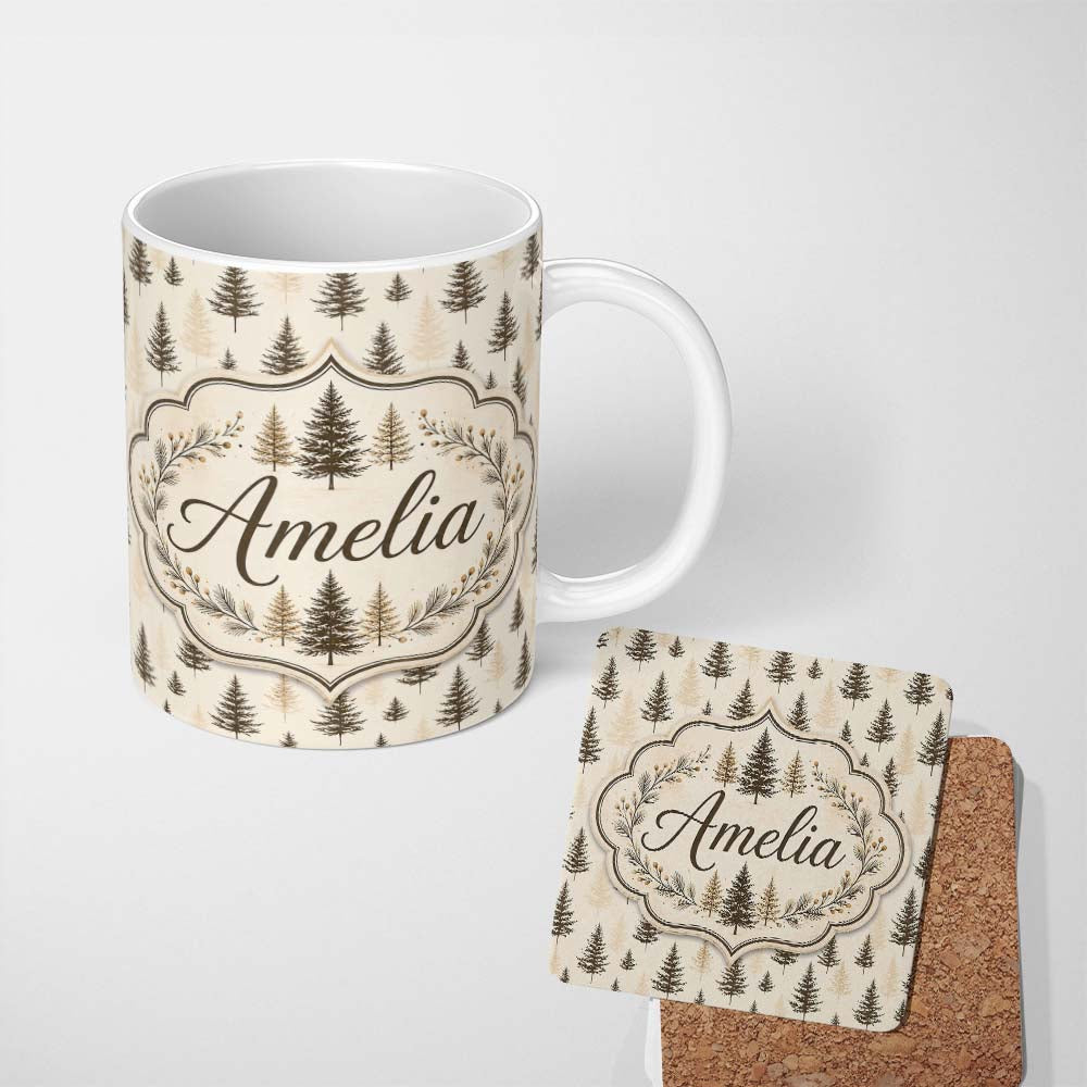 Personalized Custom Name Minimal Pine Trees Beige Shadow Background Seamless Pattern Lovely 11oz Ceramic Coffee Tea Mug White Large Handle