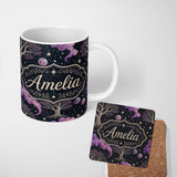 Personalized Custom Name Night Sky Botanical Celestial Mixed Elements Seamless Pattern Lovely 11oz Ceramic Coffee Tea Mug White Large Handle