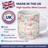 Personalized Custom Name Delicate Pastel Pink and Blue Hydrangea Floral Seamless Pattern 11oz Ceramic Coffee Tea Mug White Large Handle