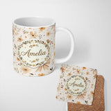 Personalized Custom Name Elegant Neutral Floral Bows with Soft Botanical Elements Seamless 11oz Ceramic Coffee Tea Mug White Large Handle