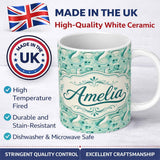 Personalized Custom Name Decorative Stylised Seals with Swirl Ocean Motifs Teal Seamless 11oz Ceramic Coffee Tea Mug White Large Handle