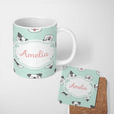 Personalized Custom Name Cute French Bulldog Faces Teal Background Seamless Pattern Lovely 11oz Ceramic Coffee Tea Mug White Large Handle