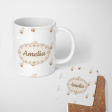 Personalized Custom Name Cute Wooden Duck Toy Seamless Pattern on Soft Neutral Background 11oz Ceramic Coffee Tea Mug White Large Handle