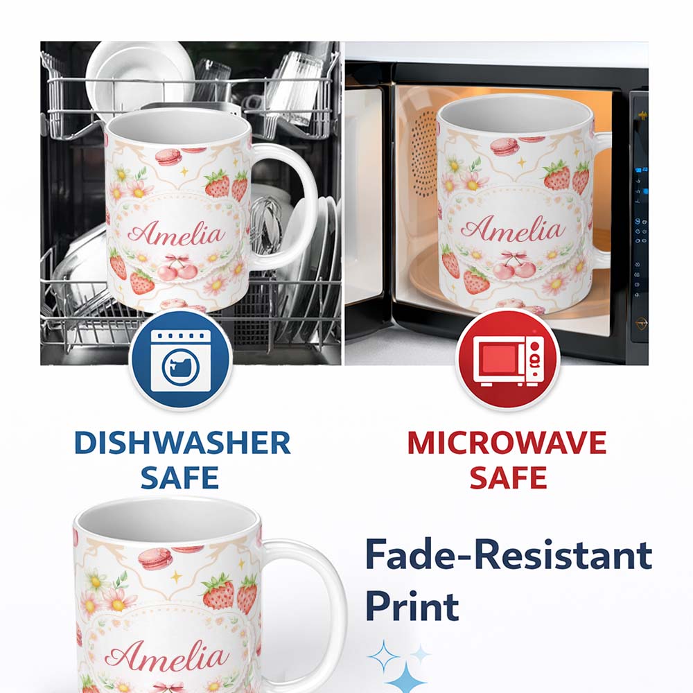 Personalized Custom Name Strawberry Cherry Daisy White Beige Outline Cute Coquette Floral 11oz Ceramic Coffee Tea Mug White Large Handle