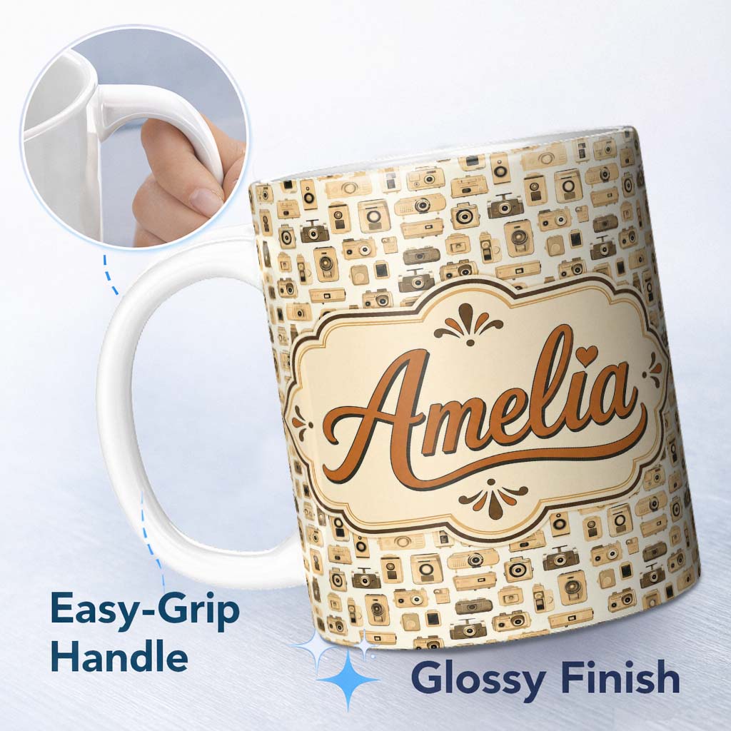 Personalized Custom Name Neutral Beige Retro Camera Collection Dense Seamless Pattern Lovely 11oz Ceramic Coffee Tea Mug White Large Handle