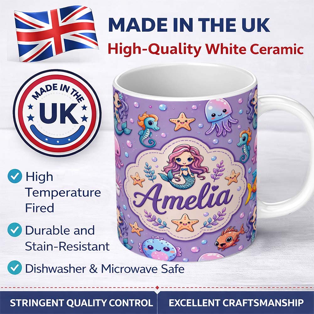 Personalized Custom Name Cute Cartoon Mermaid with Sea Creatures on Purple Background Playful 11oz Ceramic Coffee Tea Mug White Large Handle