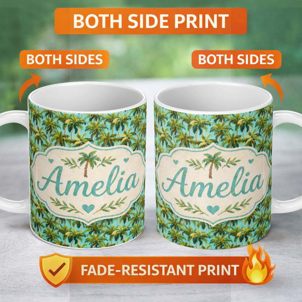 Personalized Custom Name Tropical Palm Tree Summer Beach Seamless Pattern on Teal Background 11oz Ceramic Coffee Tea Mug White Large Handle