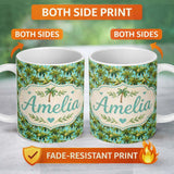 Personalized Custom Name Tropical Palm Tree Summer Beach Seamless Pattern on Teal Background 11oz Ceramic Coffee Tea Mug White Large Handle