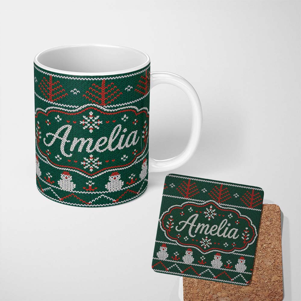 Personalized Custom Name Nordic Knit Alpaca Llama Pattern Green Red White Festive Sweater 11oz Ceramic Coffee Tea Mug White Large Handle