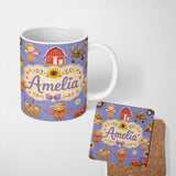 Personalized Custom Name Cute Autumn Scarecrow Barn Flowers Seamless Pattern Purple Lovely 11oz Ceramic Coffee Tea Mug White Large Handle
